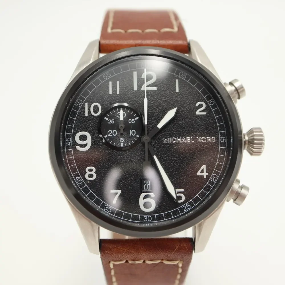 Michael Kors Hangar Mens 45mm Chronograph Watch Brown Leather MK7068 New Battery